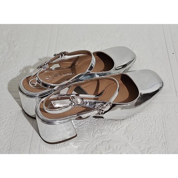 Sam and Libby Slingback Mary Jane Pumps Block Heel Womens 8 Silver - Picture 3 of 12